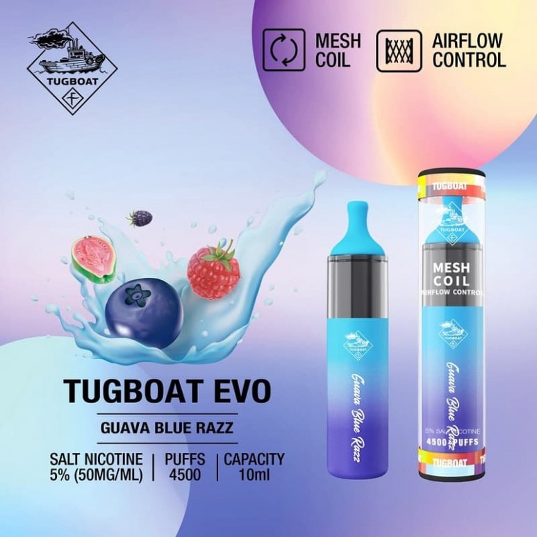 Tugboat EVO Disposable Vape 4500 Puffs – Guava Blue Razz Flavor