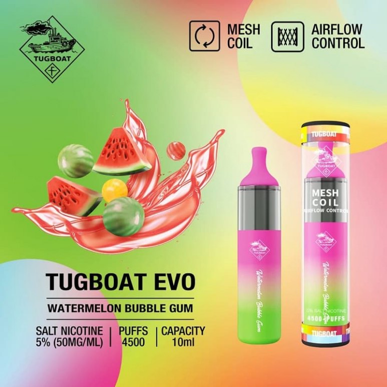 Tugboat EVO Disposable Vape 4500 Puffs – Watermelon Bubble Gum Flavor